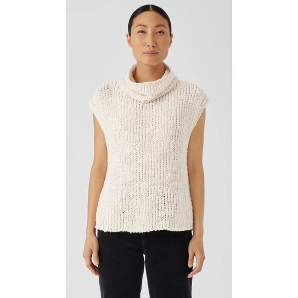 Eileen Fisher Cotton Linen Beige Lofty Slub Knit Turtleneck Sleeveless Top L - Picture 1 of 7
